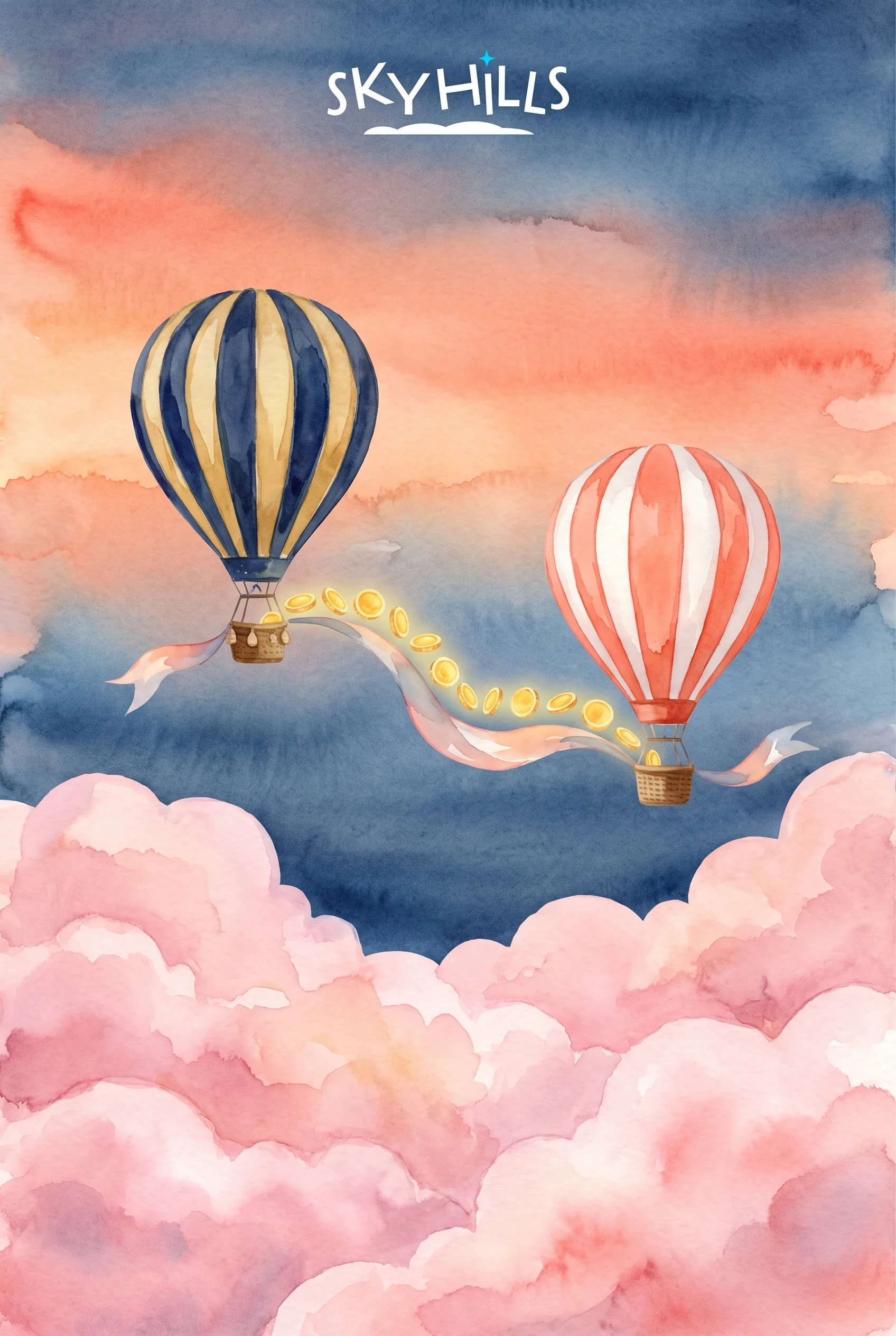 Watercolour balloons exchanging gold coins