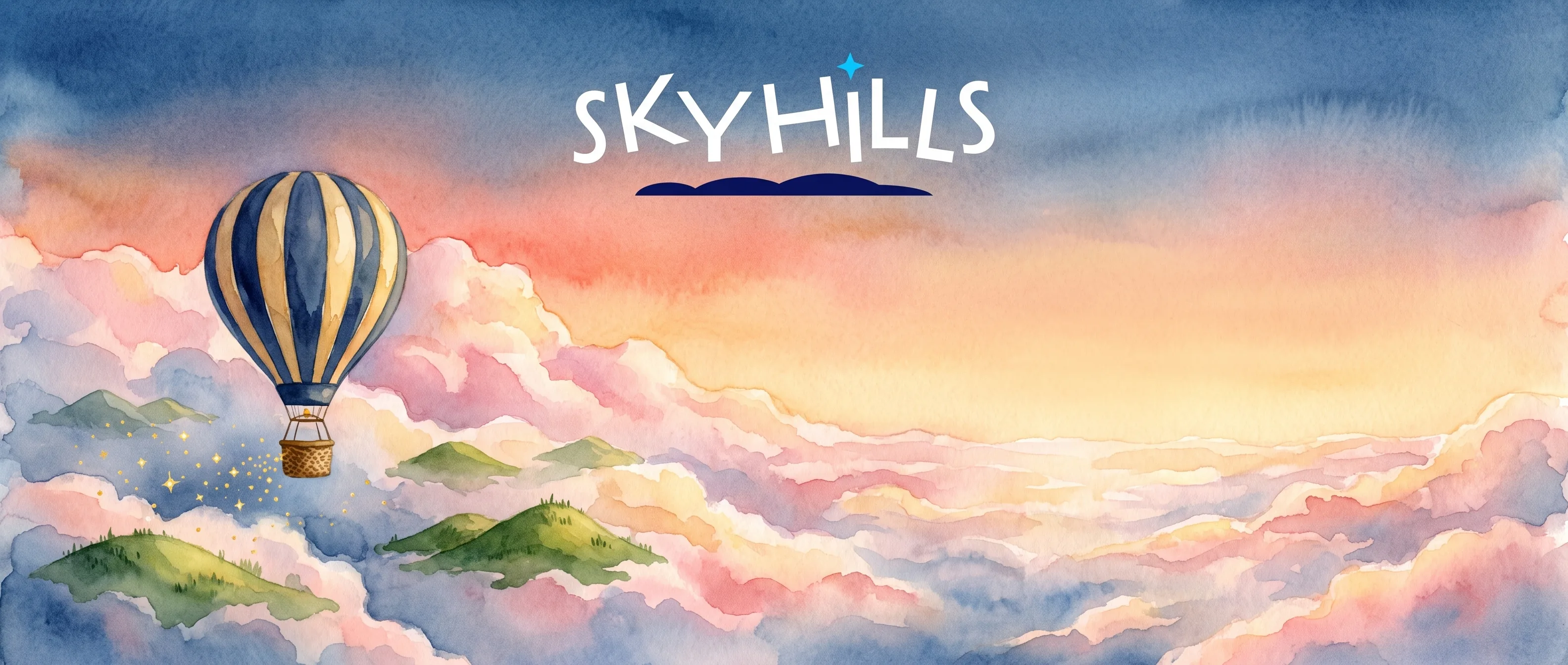 Watercolour hot-air balloon above clouds and green hills